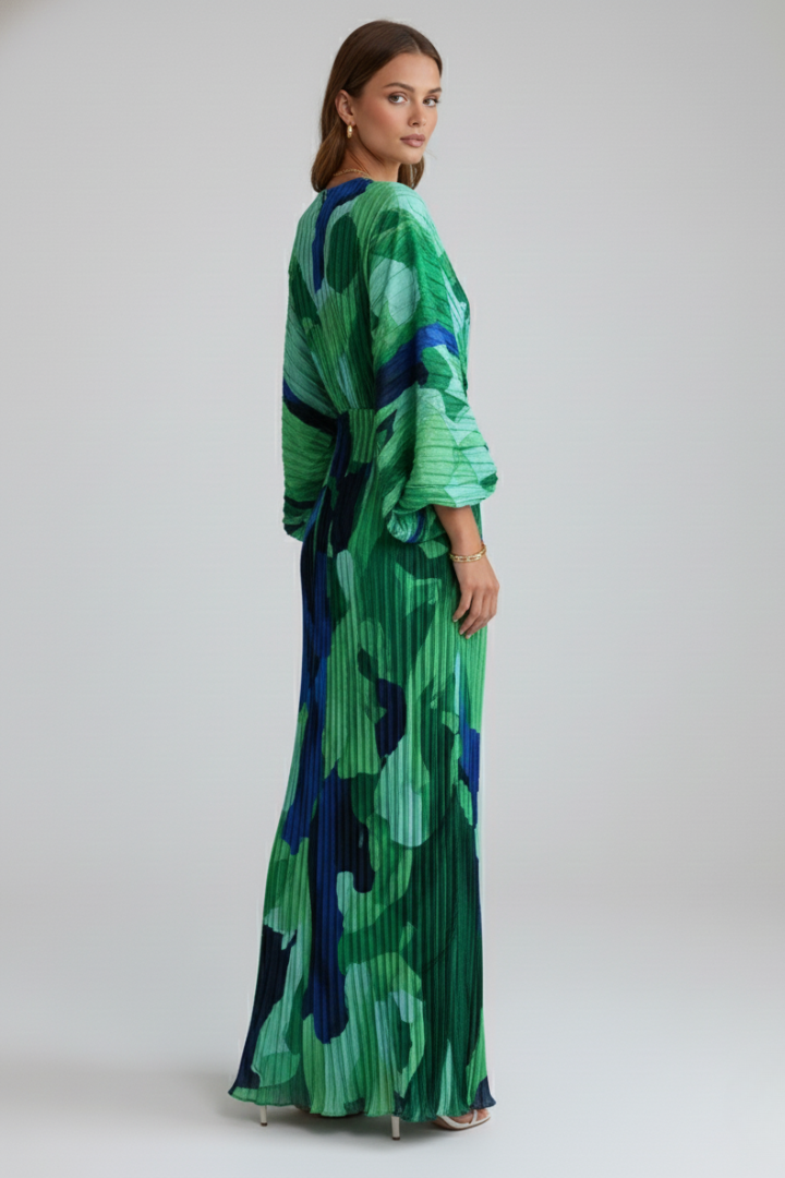 Vestido longo feminino plissado com decote em V e manga solta