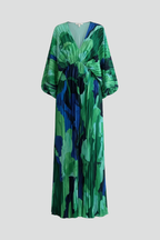 Vestido longo feminino plissado com decote em V e manga solta