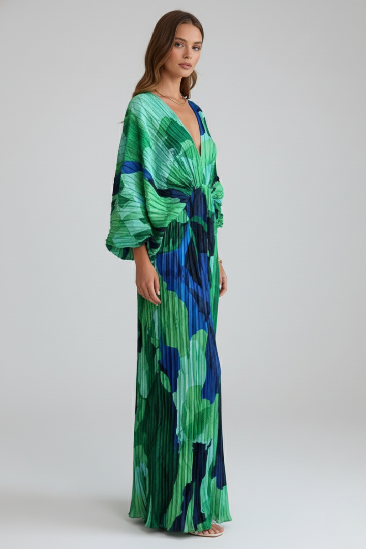Vestido longo feminino plissado com decote em V e manga solta