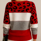 Camisola malha feminina color block padrão leopardo manga comprida