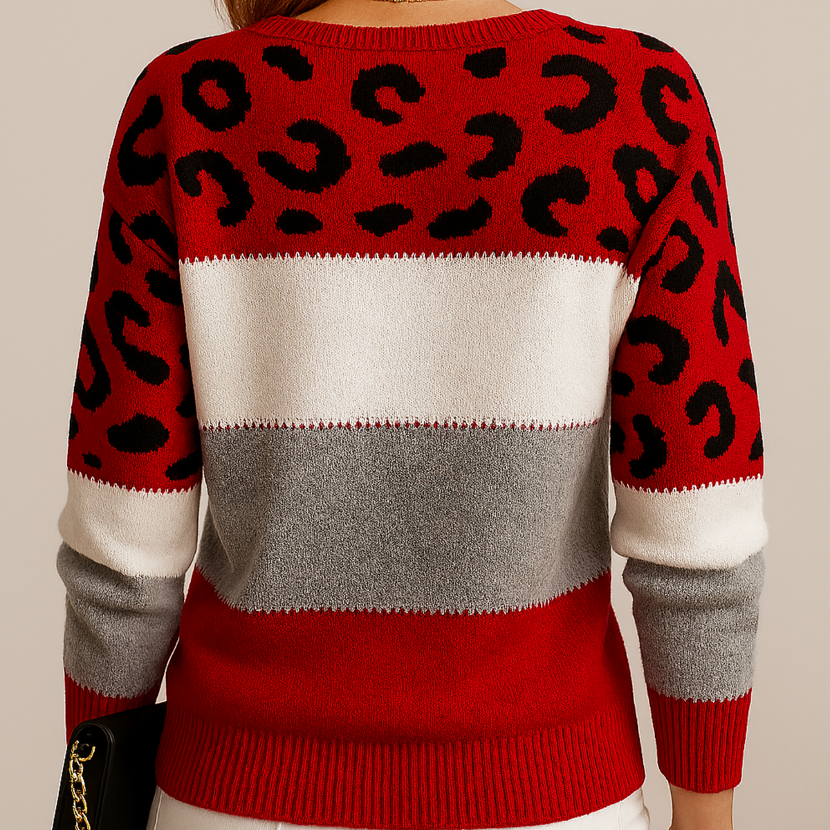 Camisola malha feminina color block padrão leopardo manga comprida