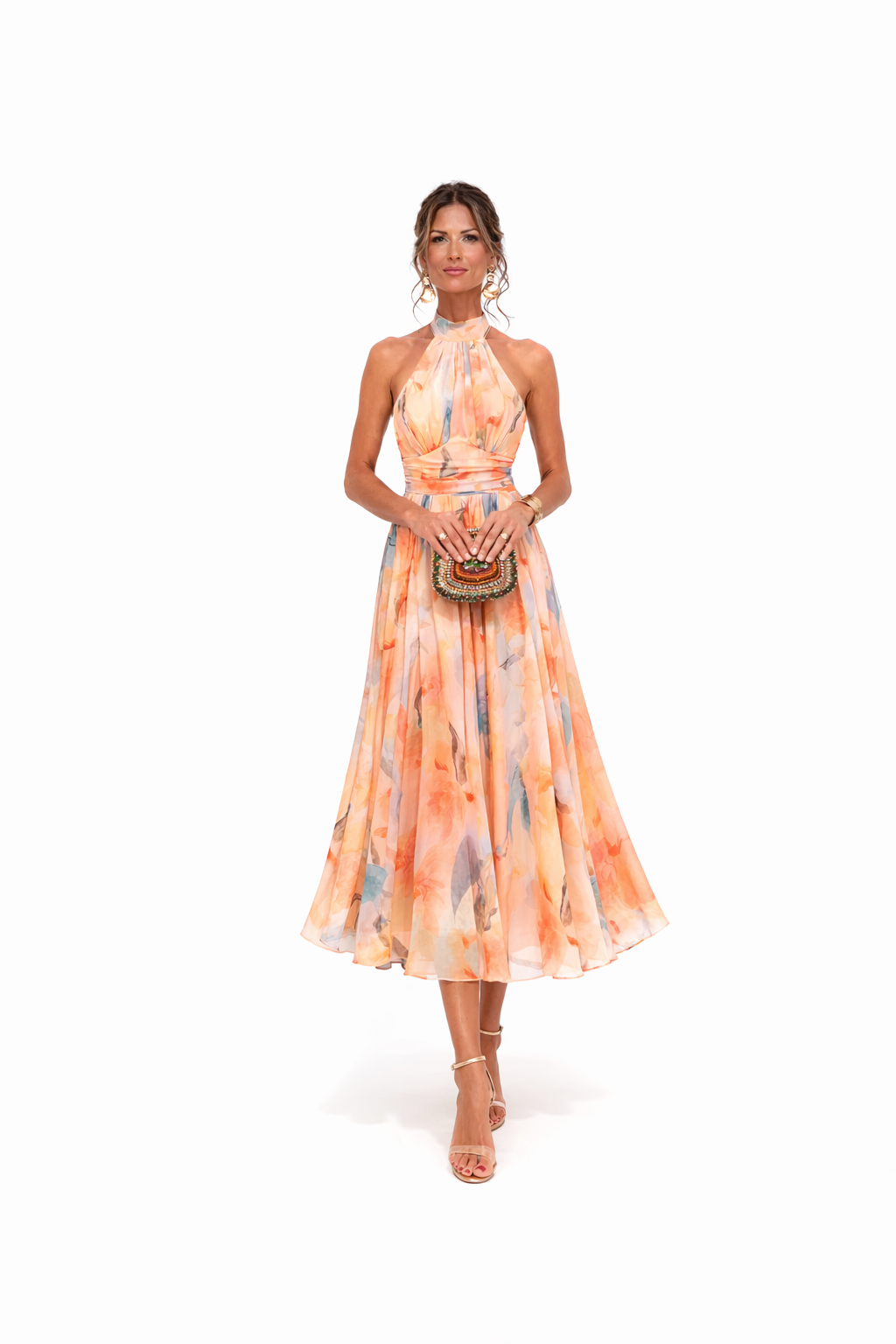 Maxi vestido floral halter mulher com costas abertas e silhueta fluida