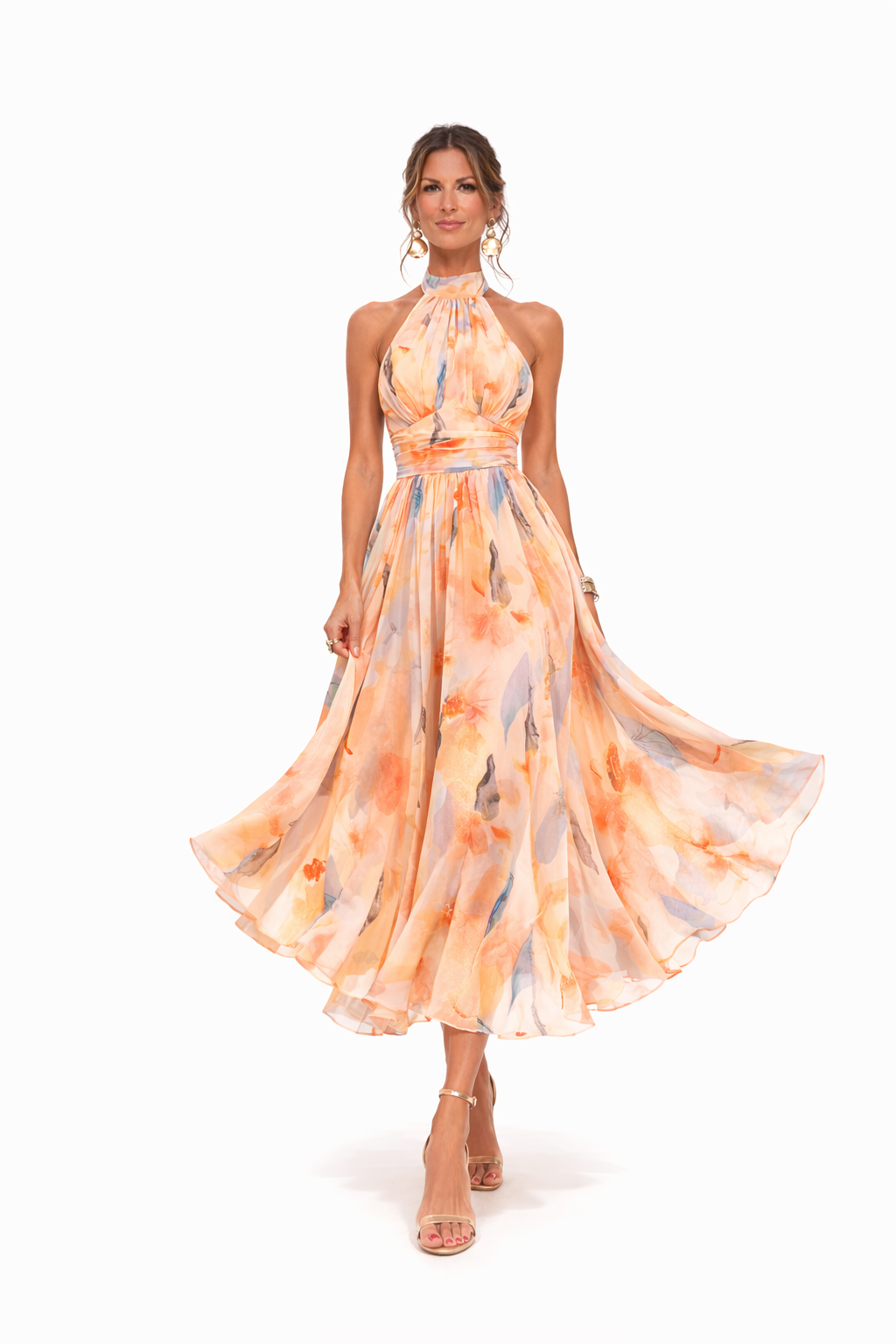 Maxi vestido floral halter mulher com costas abertas e silhueta fluida