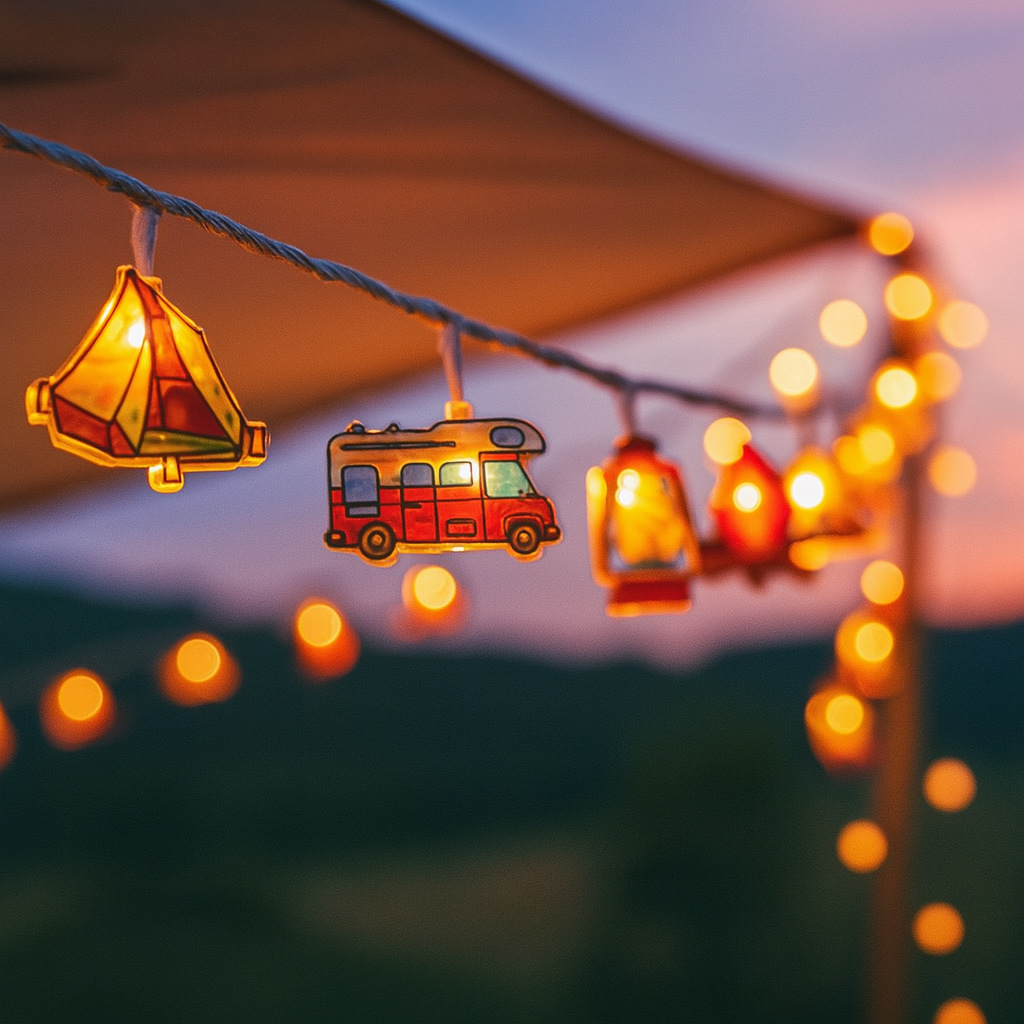 Luzes de camping LED guirlanda decorativa com motivos de tenda e caravana, branco quente