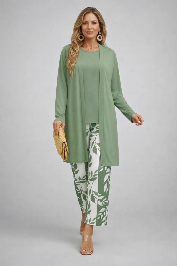Conjunto 3 peças feminino cardigan fluido e calça estampada botânica