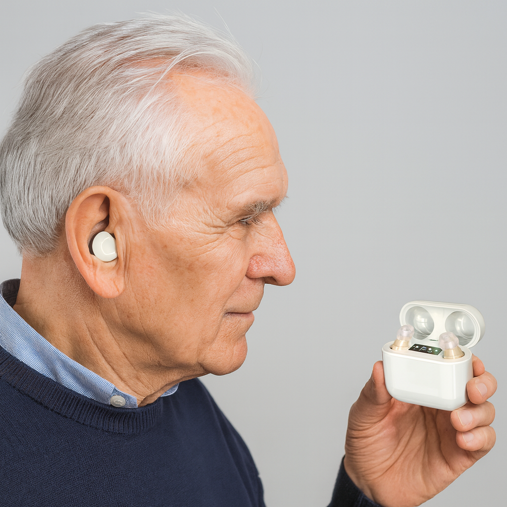 Aparelho auditivo invisível recarregável compacto intra-auricular branco