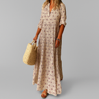 Vestido maxi feminino estampado vintage com decote V comprimento longo