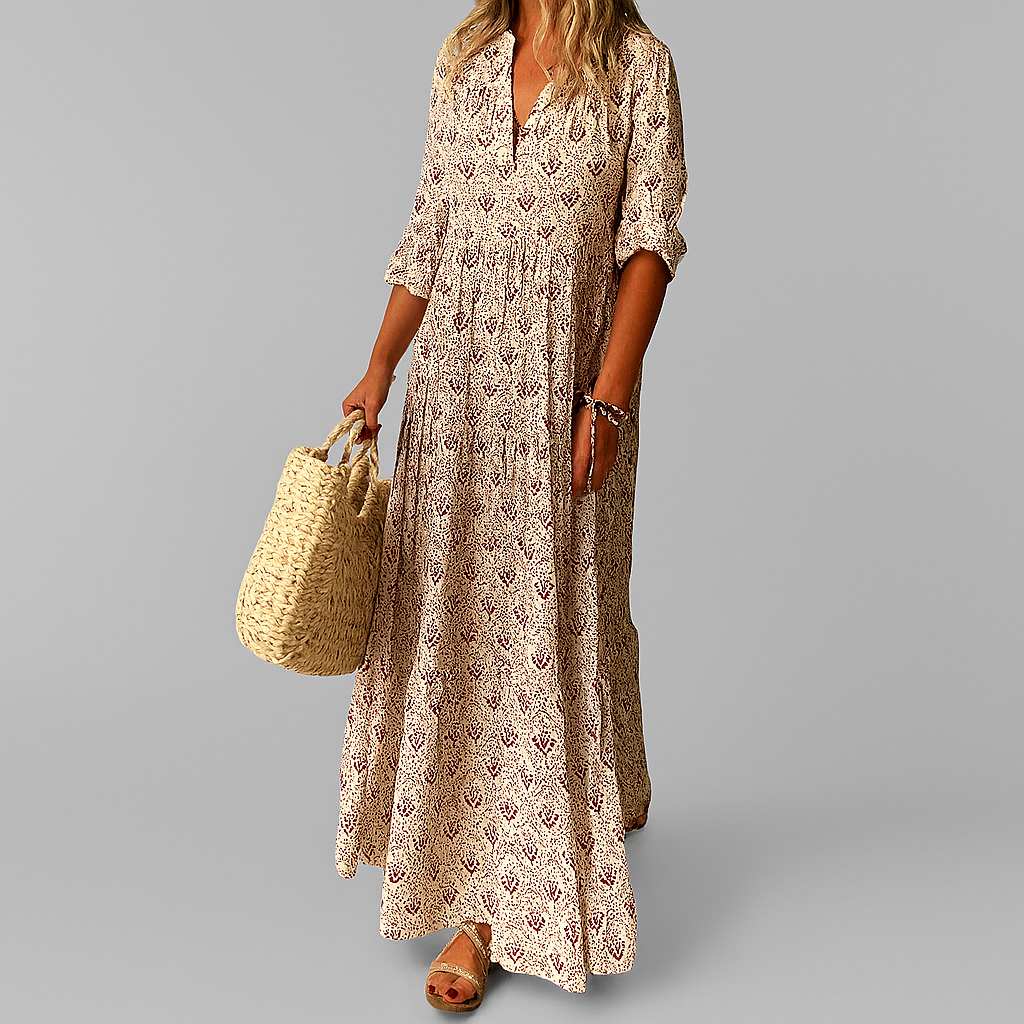 Vestido maxi feminino estampado vintage com decote V comprimento longo