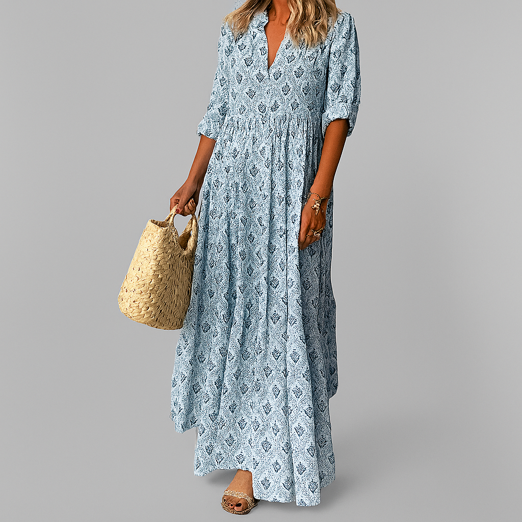 Vestido maxi feminino estampado vintage com decote V comprimento longo