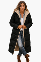 Casaco puffer longo feminino matelassê forrado polar com capuz integrado