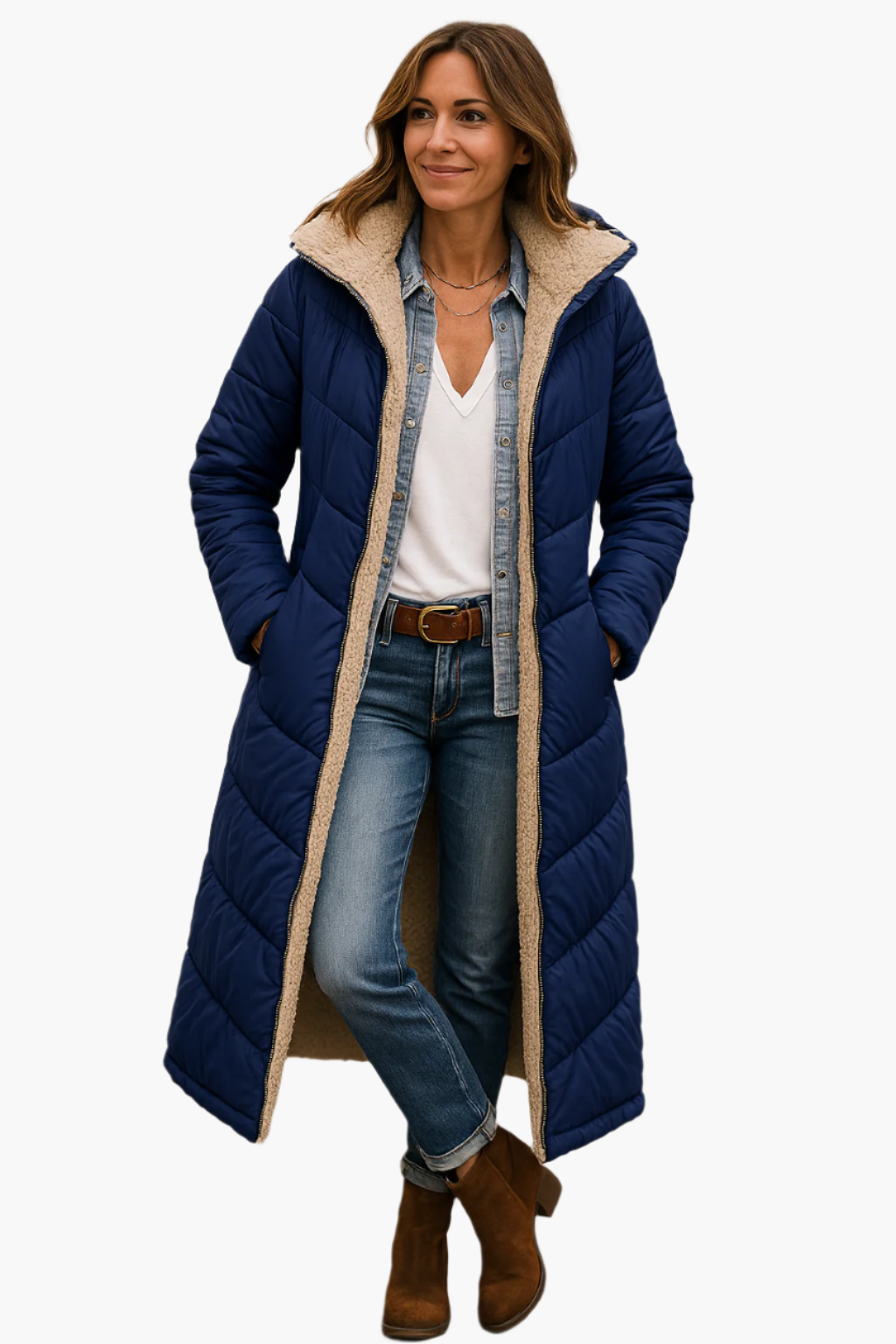 Casaco puffer longo feminino matelassê forrado polar com capuz integrado