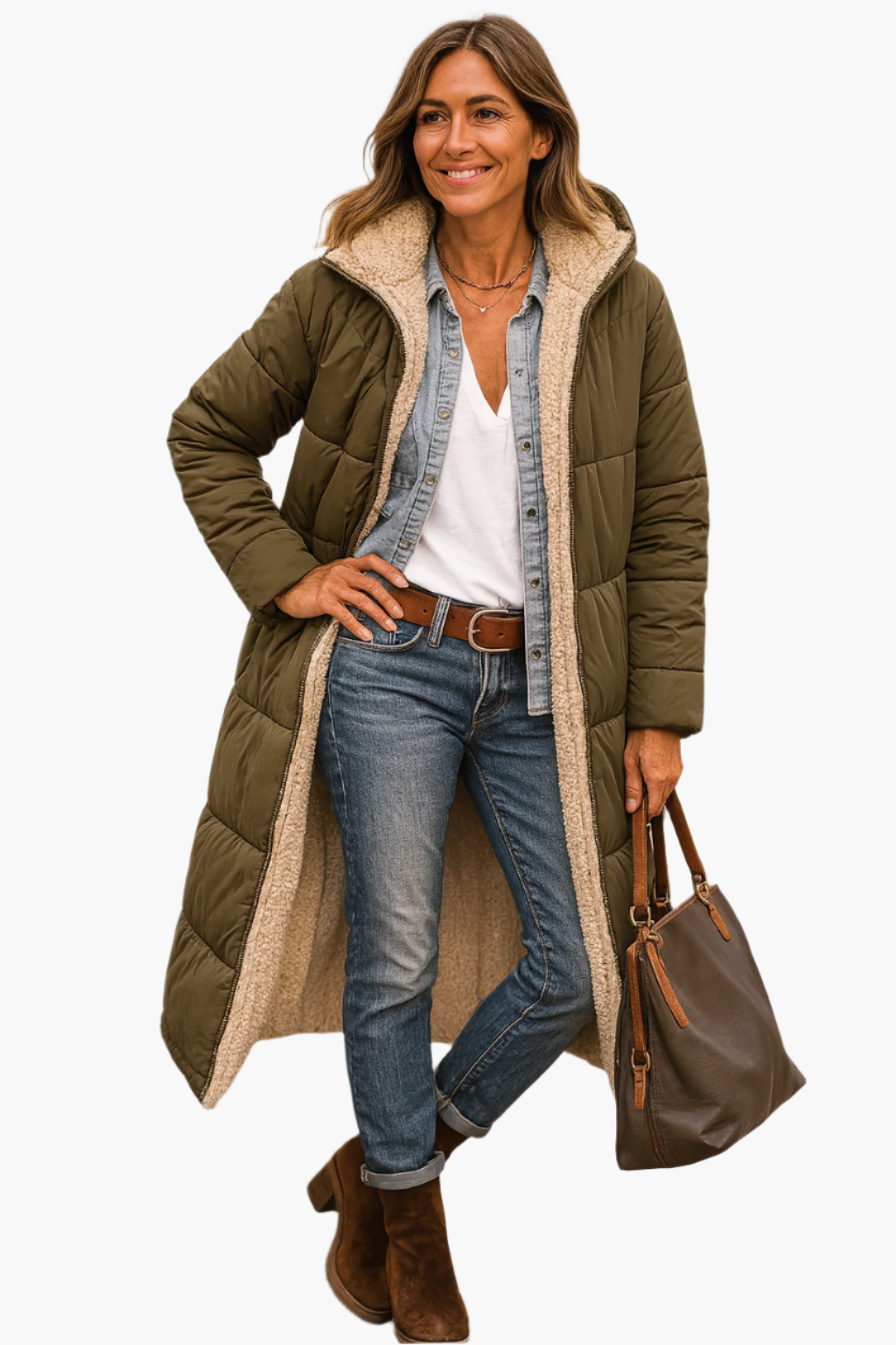 Casaco puffer longo feminino matelassê forrado polar com capuz integrado