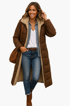 Casaco puffer longo feminino matelassê forrado polar com capuz integrado