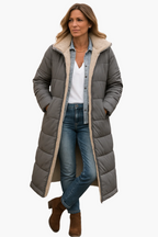 Casaco puffer longo feminino matelassê forrado polar com capuz integrado