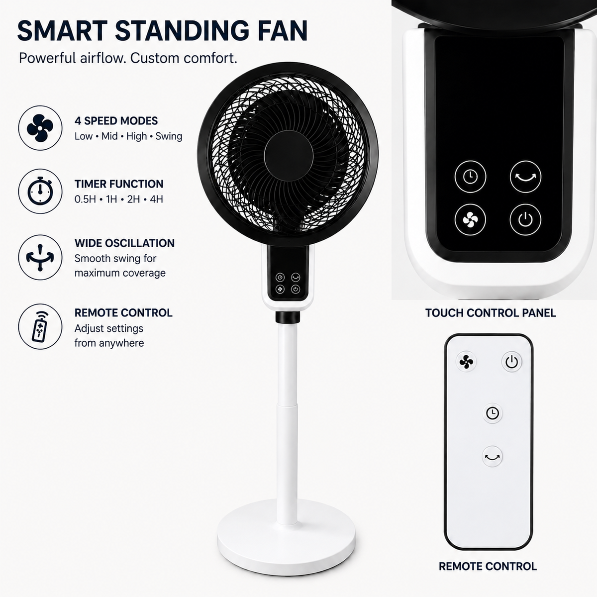 Ventilador de coluna ajustável com oscilação 3D, 3 modos, silencioso 26 dB, branco