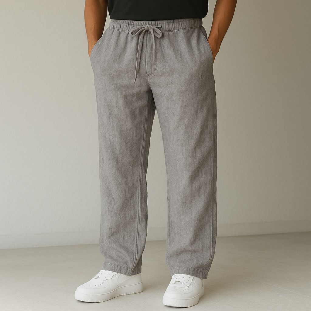 Calça linho folgada corte relaxado respirável