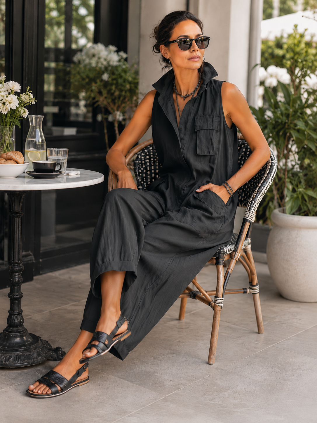 Macacão feminino wide leg com bolsos e gola com botões