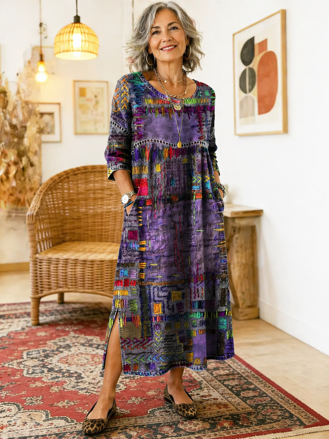 Vestido jeans feminino com patchwork étnico corte solto