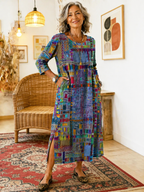 Vestido jeans feminino com patchwork étnico corte solto