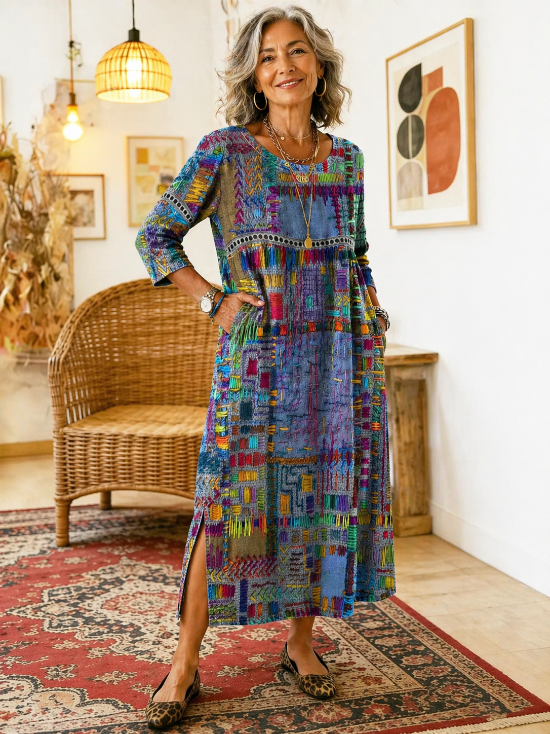 Vestido jeans feminino com patchwork étnico corte solto