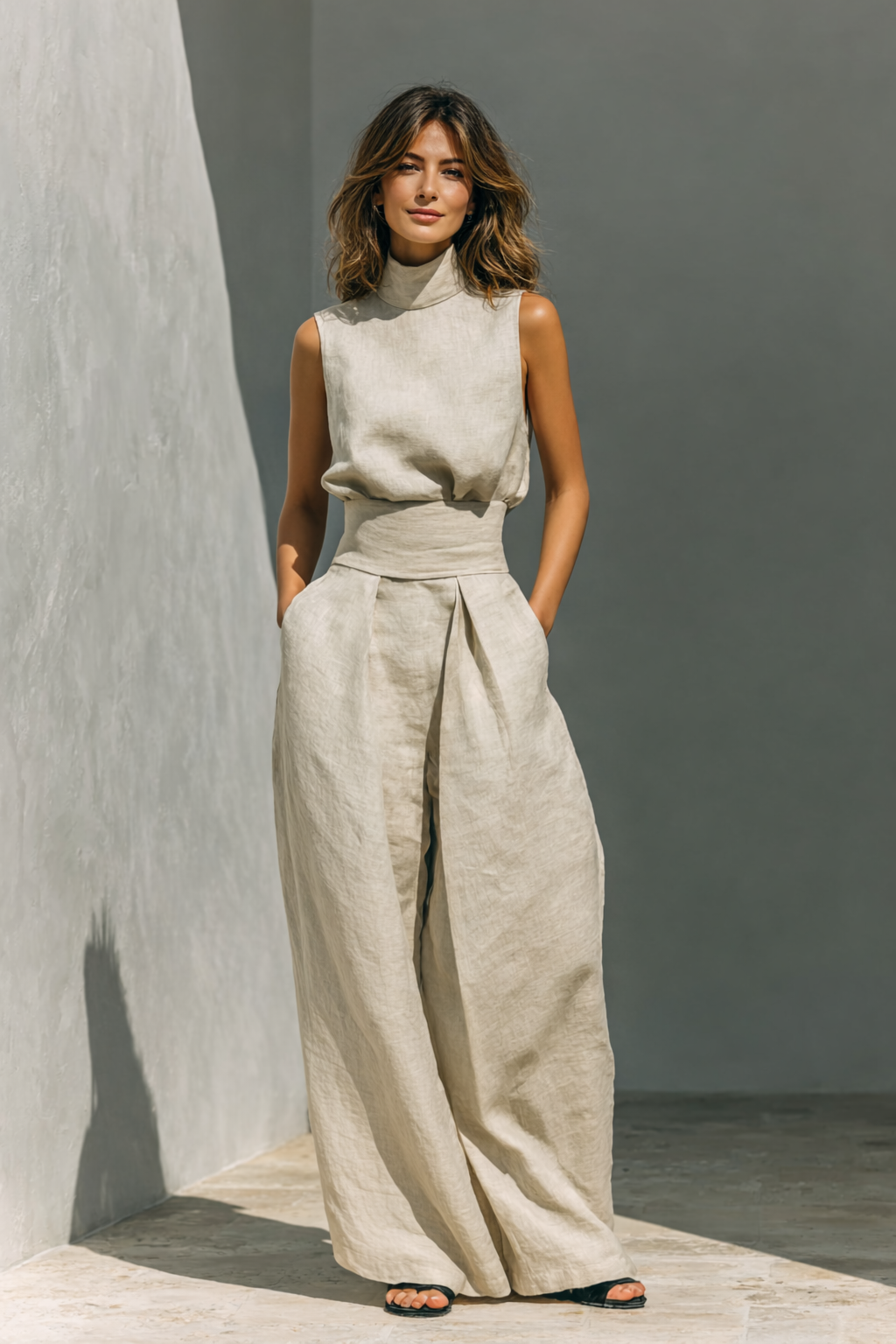 Conjunto feminino algodão linho regata e calças wide leg minimalista