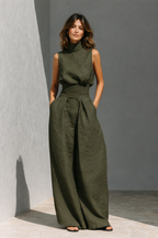 Conjunto feminino 2 peças linho calça longa e top sem mangas