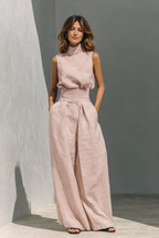 Conjunto feminino algodão linho regata e calças wide leg minimalista