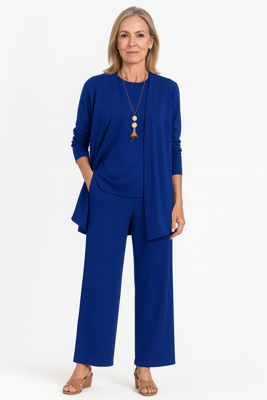Conjunto feminino 3 peças colete calça e blusa corte elegante