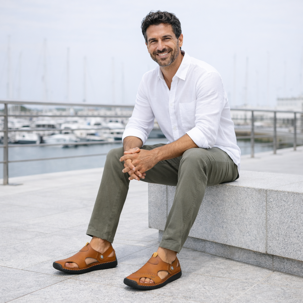 Sandálias masculinas de couro respirável - Confortáveis e casuais