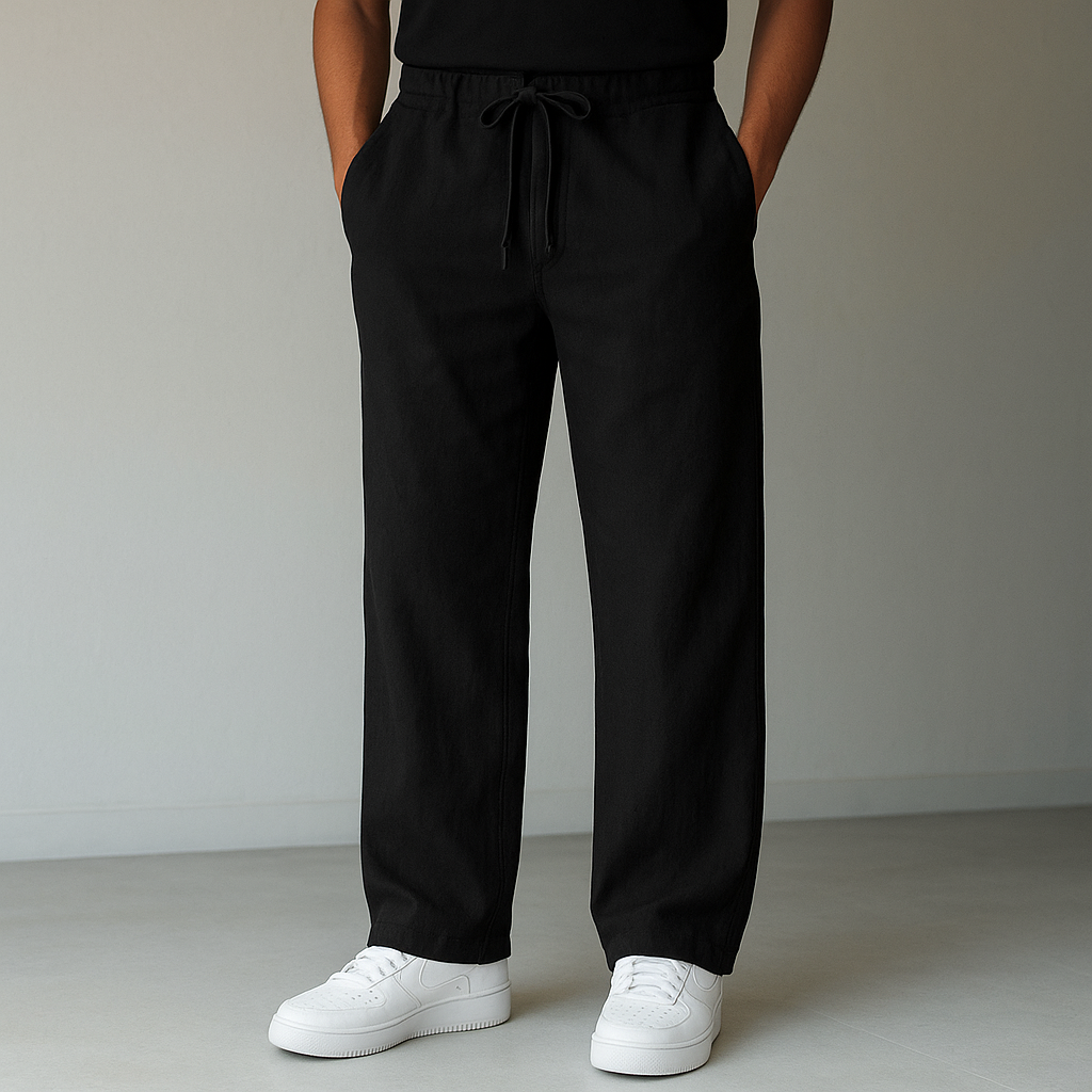 Calça linho folgada corte relaxado respirável