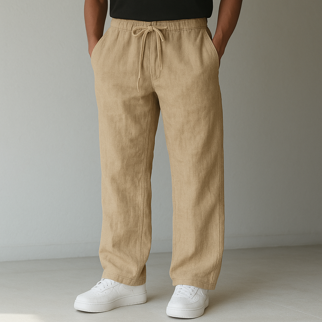 Calça linho folgada corte relaxado respirável