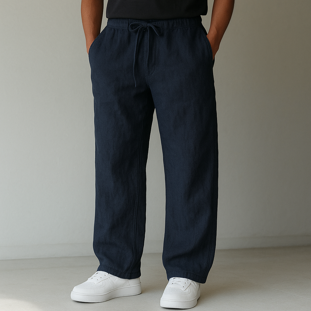 Calça linho folgada corte relaxado respirável