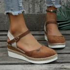 Sandálias espadrille anabela bico fechado slingback femininas com fivela ajustável