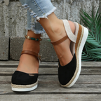 Sandálias espadrille anabela bico fechado slingback femininas com fivela ajustável