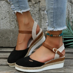 Sandálias espadrille anabela bico fechado slingback femininas com fivela ajustável