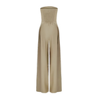 Macacão feminino bustier sem alças perna larga silhueta elegante