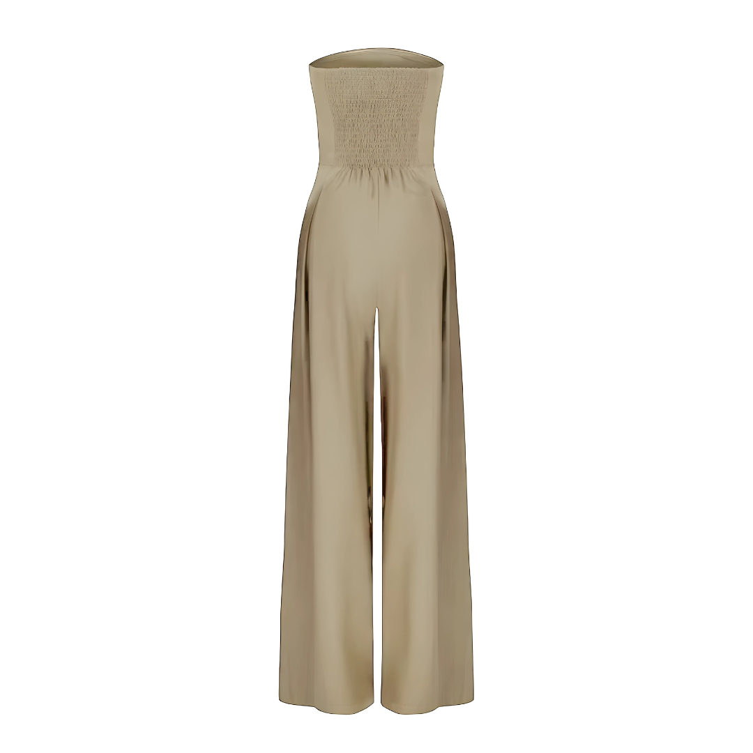 Macacão feminino bustier sem alças perna larga silhueta elegante