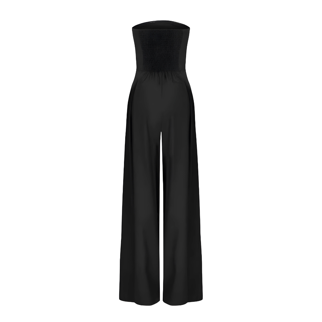 Macacão feminino bustier sem alças perna larga silhueta elegante