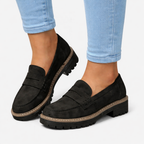 Mocassins femininos conforto salto bloco baixo acabamento camurça slip-on