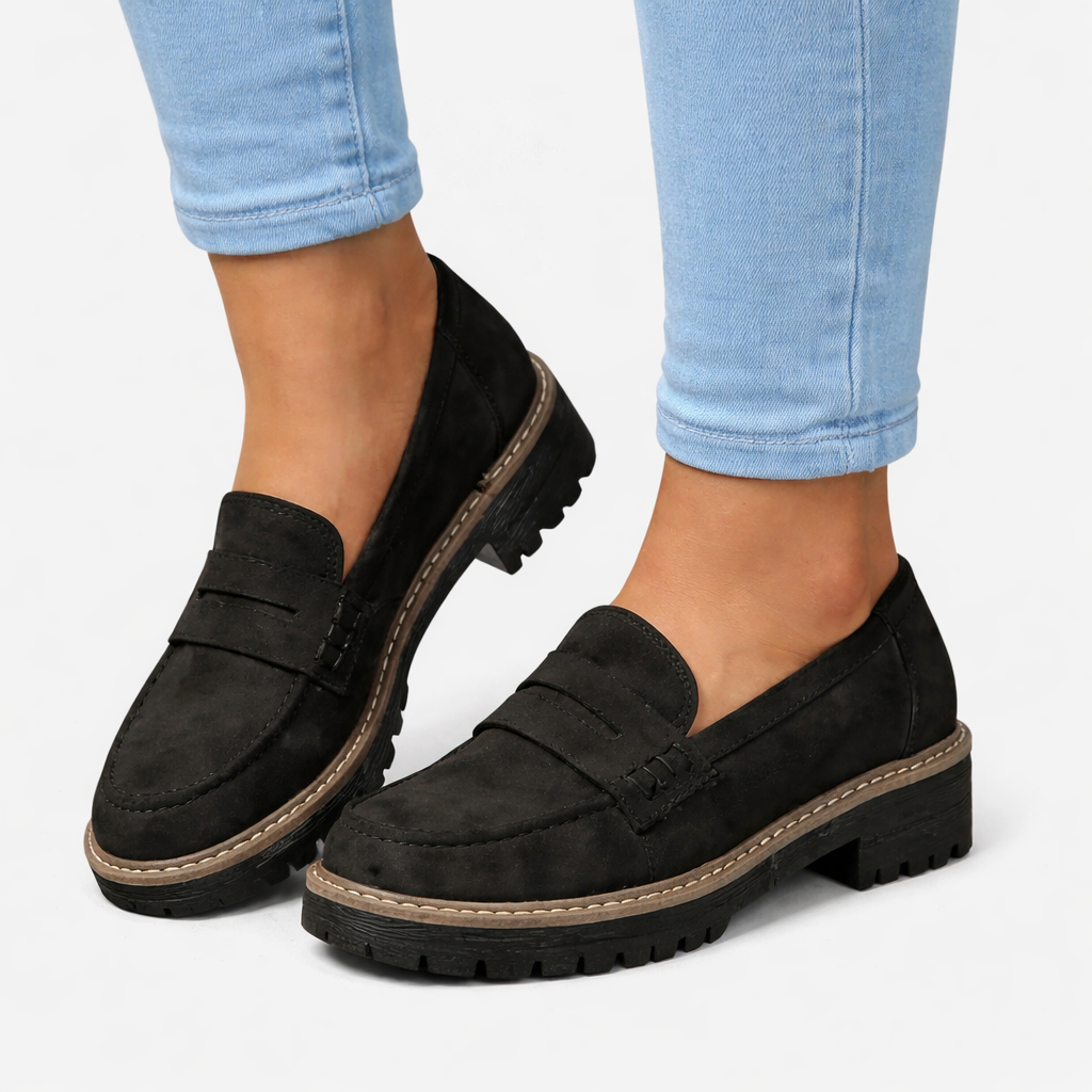 Mocassins femininos conforto salto bloco baixo acabamento camurça slip-on