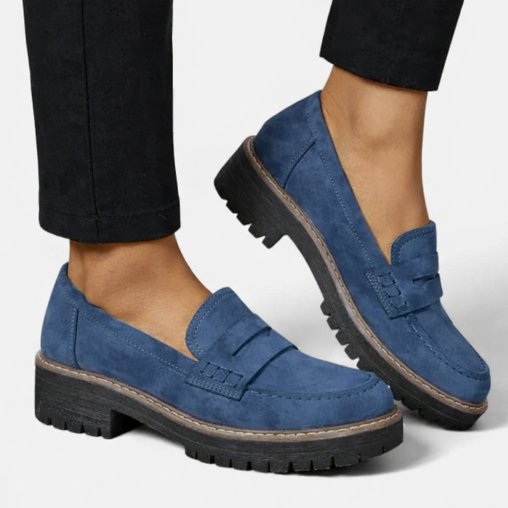 Mocassins femininos conforto salto bloco baixo acabamento camurça slip-on