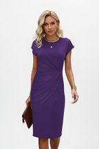 Vestido feminino ao joelho gola redonda cintura franzida manga curta