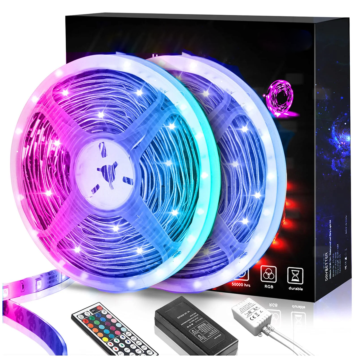 Fita LED 10m RGB com controlo remoto 44 teclas, 16 cores, iluminação interior