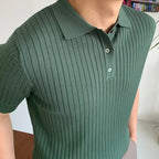 Polo masculina tricot algodão canelada com colarinho e botões manga curta