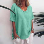 Camiseta feminina oversized algodão com decote V corte largo