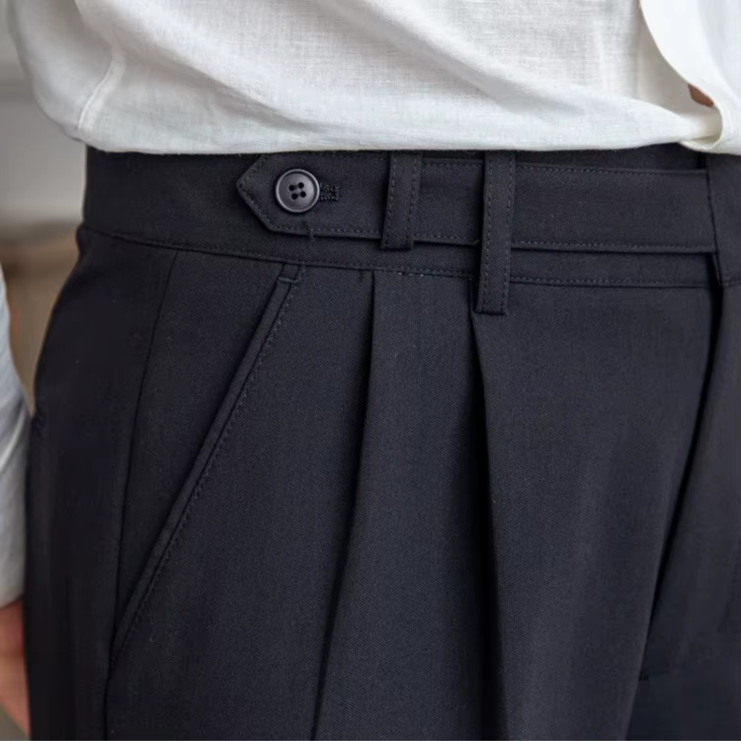 Calças masculinas plissadas cintura alta corte clássico elegante