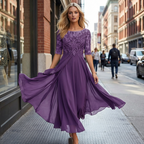 Vestido midi chiffon com renda e manga três quartos para ocasiões festivas