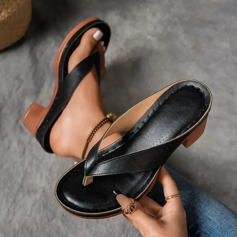 Sandálias femininas salto bloco toe post abertas verão
