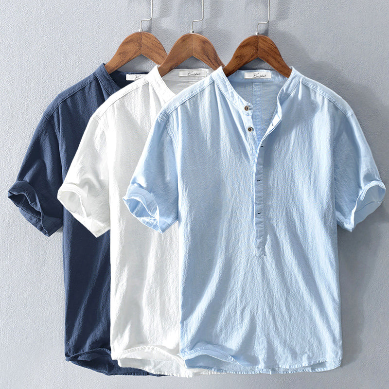 Camisa de linho masculina em tecido natural macio e respirável