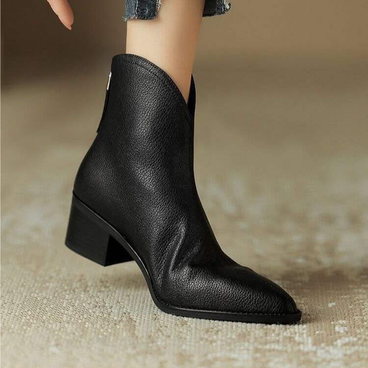 Botas femininas de tornozelo couro vegano bico fino com zíper traseiro